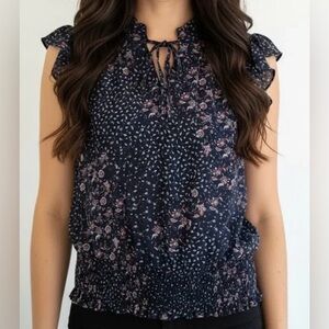 Joie Navy with Pink Floral Pattern Sleeveless Blouse with Smocked Waist - Size M